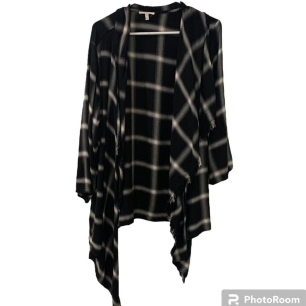 Maurices Womens XL Black Gray Plaid Fringe Waterfall Open Cardigan Boho